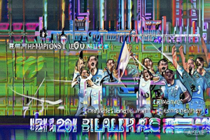 2023年欧洲冠军联赛决赛现场，曼城队球员高举奖杯庆祝